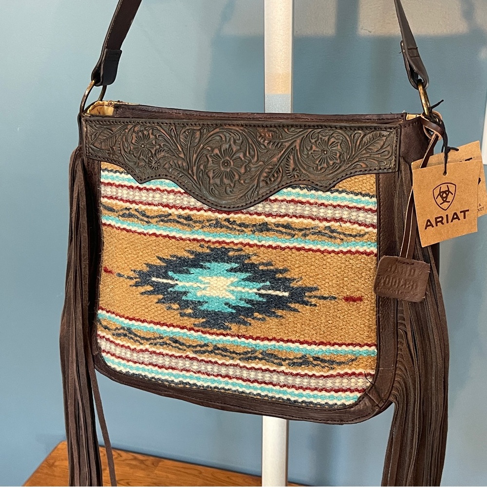 NEW 🌺 ARIAT Aztec Conceal Carry Hand Tooled Leather Western tote bag w/ fringe